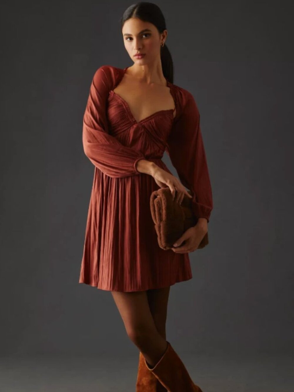 Anthropologie Satin Shirred Cutout Mini Babydoll Dress - Size Small